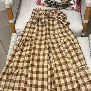 Plaid Brown and Cream wide leg pants with bow around waist